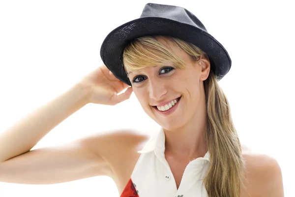 Smiling woman hat on white background — Stock Photo, Image