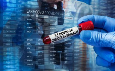 Doctor in analysis lab holding sample of new strain of covid Omicron. Researcher with blood sample of New Variant of the Covid-19 Omicron B.1.1.529 and generic data of covid-19 Coronavirus Mutations clipart