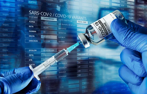 用小瓶接种疫苗的手 以防止病毒的考拉病毒变异 并提供全球感染背景数据 医生拿着装有Covid 19新品种疫苗的手部疫苗瓶 — 图库照片