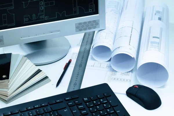 Work Table Tools Construction Projects Architecture Plans Working Tools Architect Stock Photo