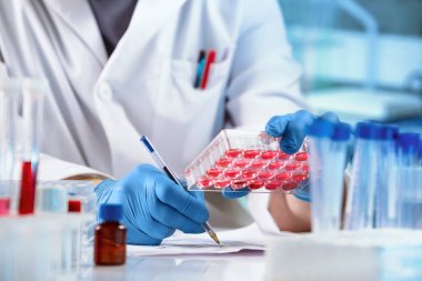 Dokuların analizinden sorumlu bilim adamı rapora veri sonuçlarını yazmış. Mikro levhada doku örnekleriyle çalışan ve genetik laboratuvarında veri kaydeden bir araştırmacı.