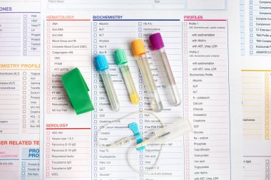 Equipment of vacuum sample tubes and needle for blood draw. Blood tubes test Set and requisition form for analysis in the workplace of laboratory clipart