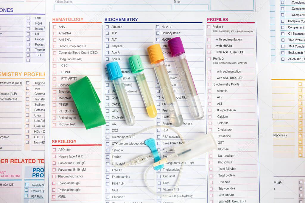 Equipment of vacuum sample tubes and needle for blood draw. Blood tubes test Set and requisition form for analysis in the workplace of laboratory