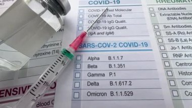 Koronavirüs hastalığı için kullanılan önleme, aşılama ve tedavi ekipmanları. COVID-19 virüsü aşısı için şırıngayla tıbbi ve aşı talep et.