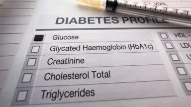 Diyabet testinde glikoz ve kanda şeker kontrolü için şırınga insüline rastlandı. Diyabet ve insülin şırıngası teşhisi için test listesi içeren sağlık raporu