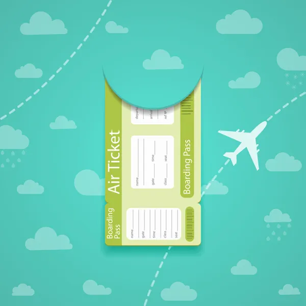 Gröna flygbiljett på himmel bakgrund. — Stock vektor