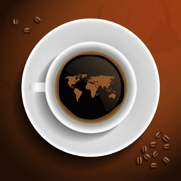 Mapa del mundo en taza de café . — Vector de stock