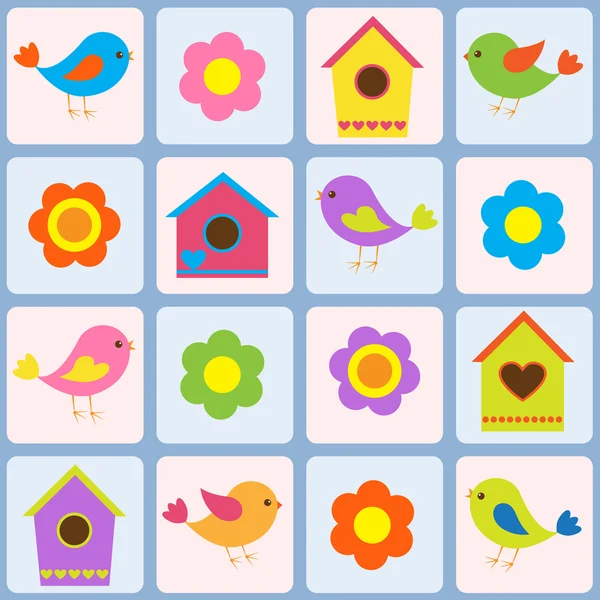 Birds, flowers and birdhouses. Seamless vector pattern — Stock Vector