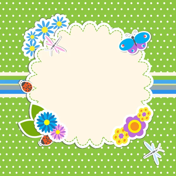 Frame met bloemen en vlinder, lieveheersbeestje, dragonfly — Stockvector