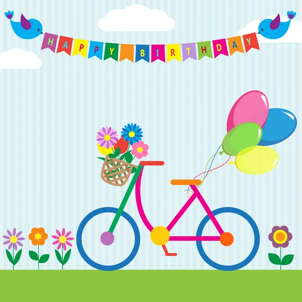 Colorida bicicleta con flores y globos — Vector de stock