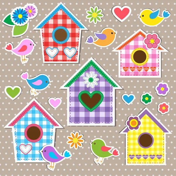 Casas de pájaros, pájaros y flores — Vector de stock