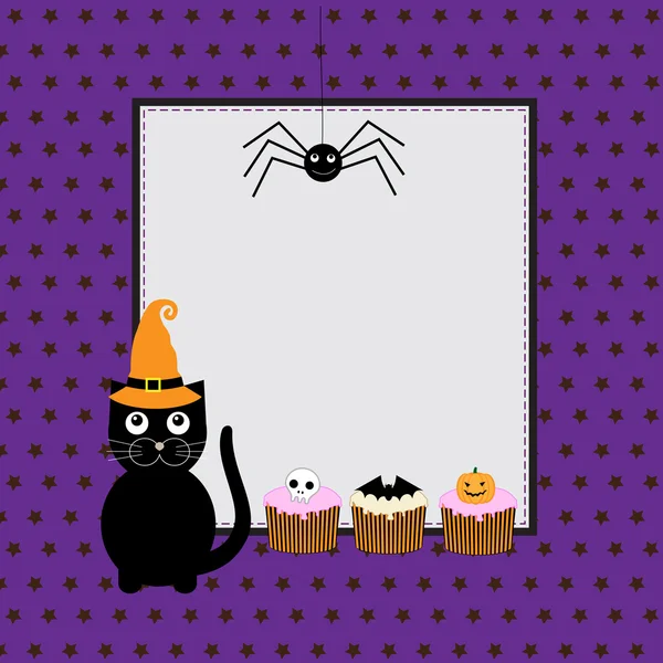 Halloween wenskaart met schattige zwarte kat — Stockvector