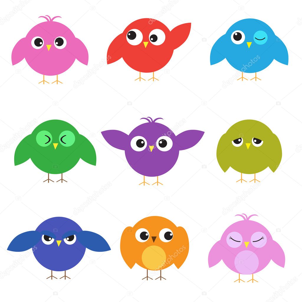 Set of cute birds with different emotions
