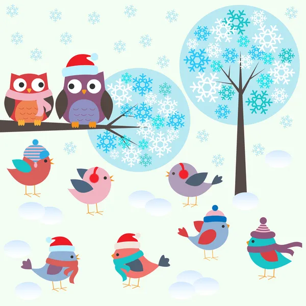 Birds and owls in winter forest — Stock Vector