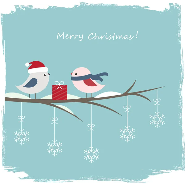 Winter card with cute birds and gift box — Stock Vector