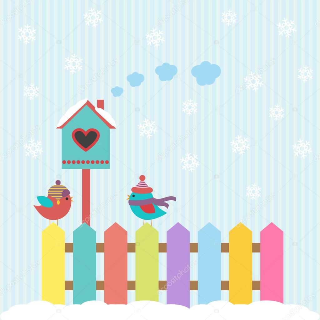 Background with birds and birdhouse winter