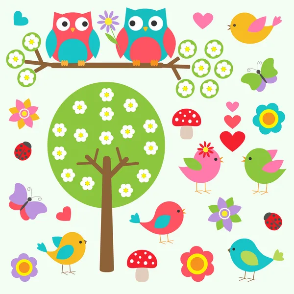 Птицы и совы в весеннем лесу Стоковая Иллюстрация