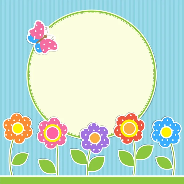 Ronde frame met bloemen en vlinder — Stockvector