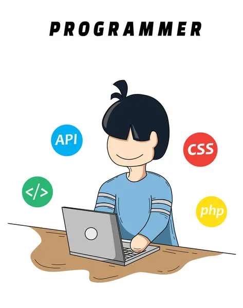 Ilustración Del Programador Utiliza Una Computadora Portátil Para Desarrollar Software — Archivo Imágenes Vectoriales