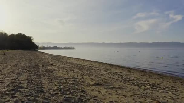 Low aerial drone shot on a lake shore — Vídeos de Stock