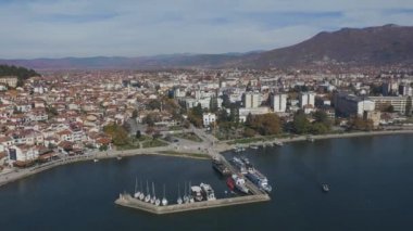Aerial shot of a city port on a lake