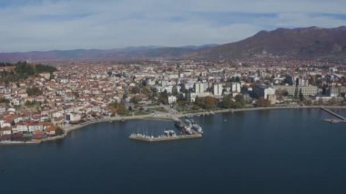 Aerial shot of a city port on a lake
