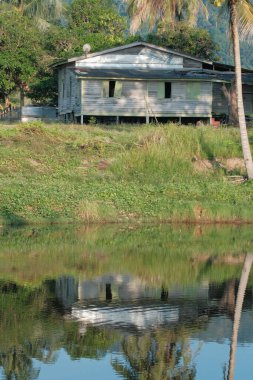 Geleneksel balıkçı evi. Malay tarzı ahşap bir ev. Nehir kıyısında, gölgede yansıması var.