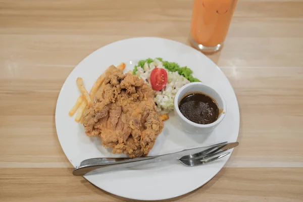Plate Chicken Chop Set Come French Fries Coleslaw Carrot Milk — 图库照片