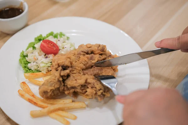 Plate Chicken Chop Set Come French Fries Coleslaw Carrot Milk — Stock Fotó