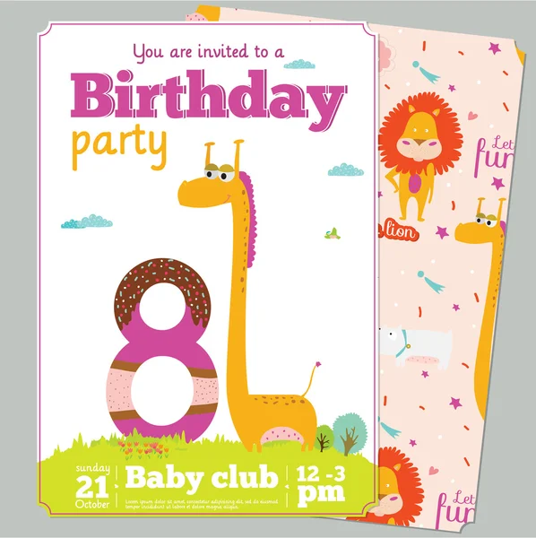 Invitación de cumpleaños con jirafa — Vector de stock