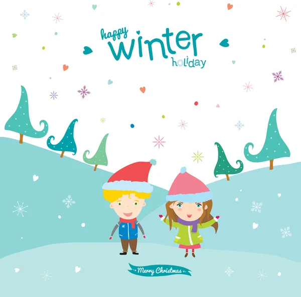 Happy Kids te desea Feliz Navidad en estilo de dibujos animados — Vector de stock