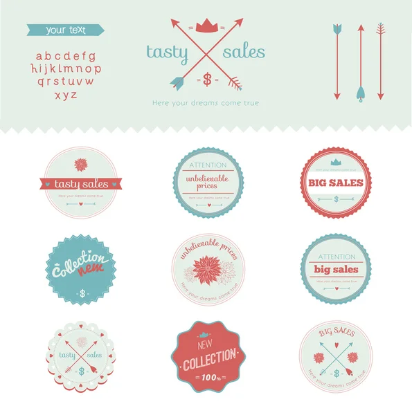 Collection vintage de badges, étiquettes, rubans avec biscuits — Image vectorielle