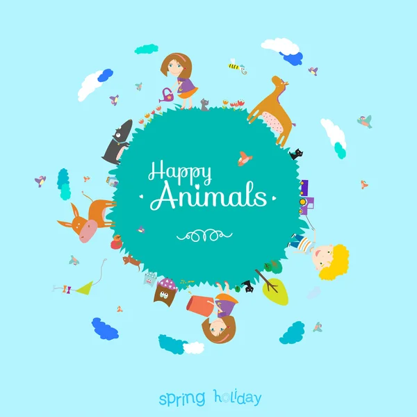 Happy birthday card  with cute and funny animals and children — Stock Vector