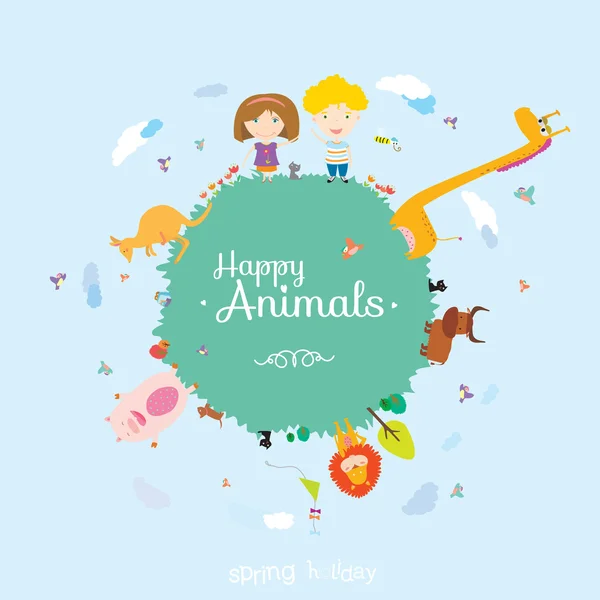 Buon compleanno con simpatici e divertenti animali e bambini — Vettoriale Stock