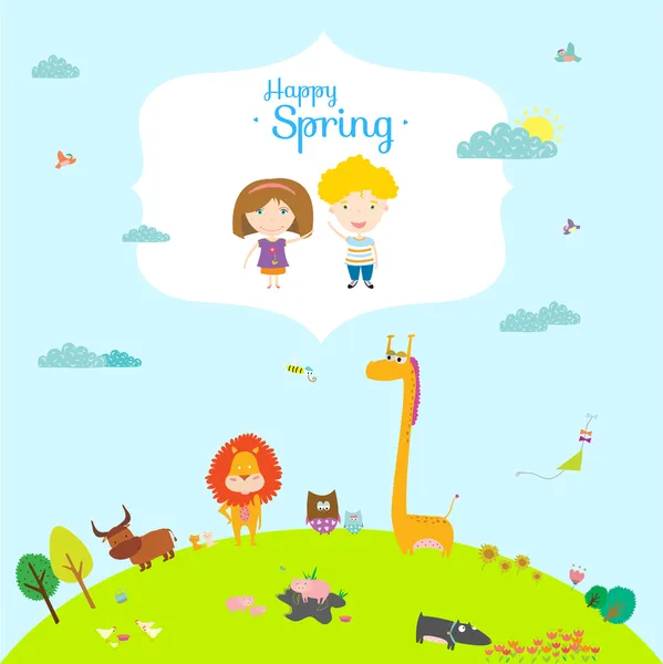 Cartão de aniversário feliz com animais bonitos e engraçados e crianças. Temporada de primavera . — Vetor de Stock