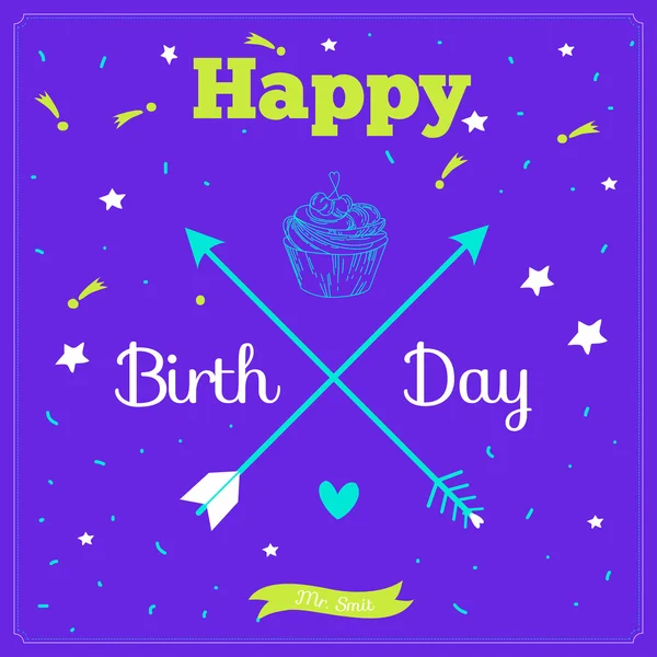 Glückwunschkarte zum Geburtstag mit Luftballons und Kuchen. — Stockvektor