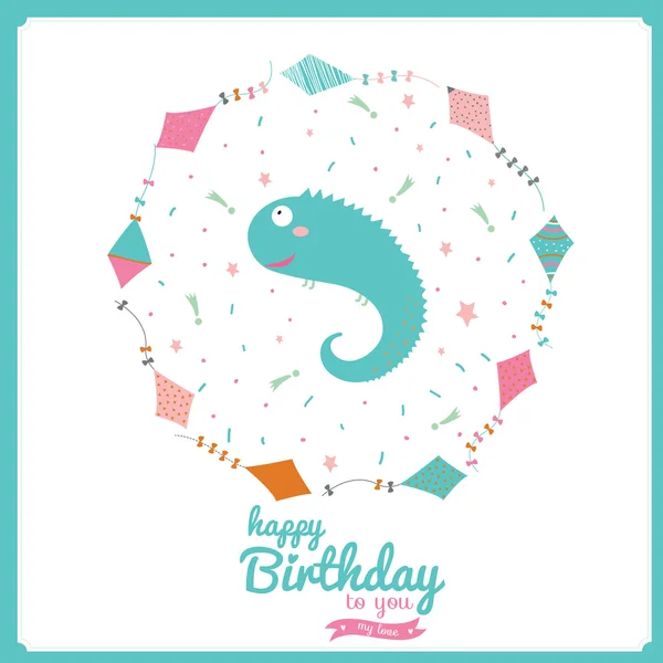 Happy birthday card with flying snakes and animals. — Stock Vector