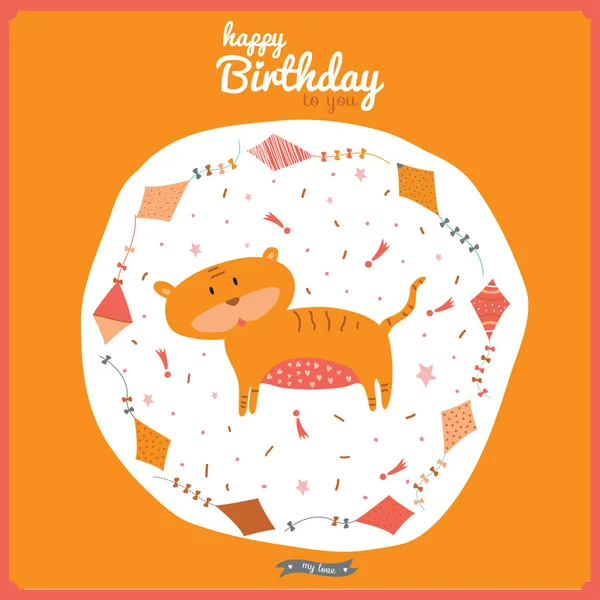 Happy birthday card with flying snakes and animals. — Stock Vector