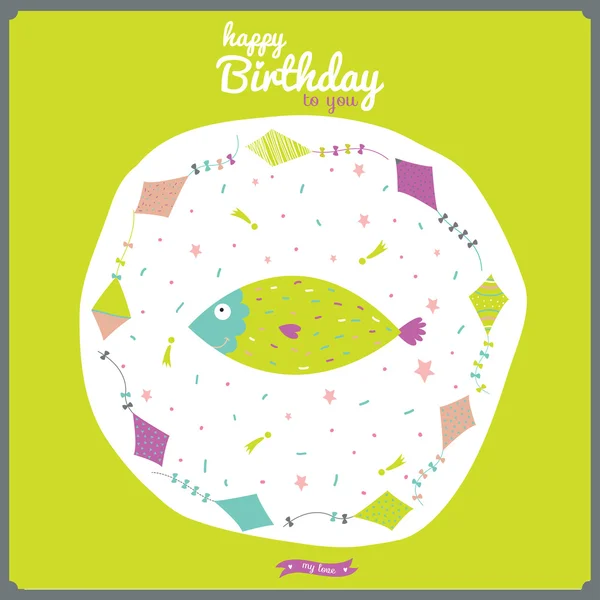 Happy birthday card with flying snakes and animals. — Stock Vector