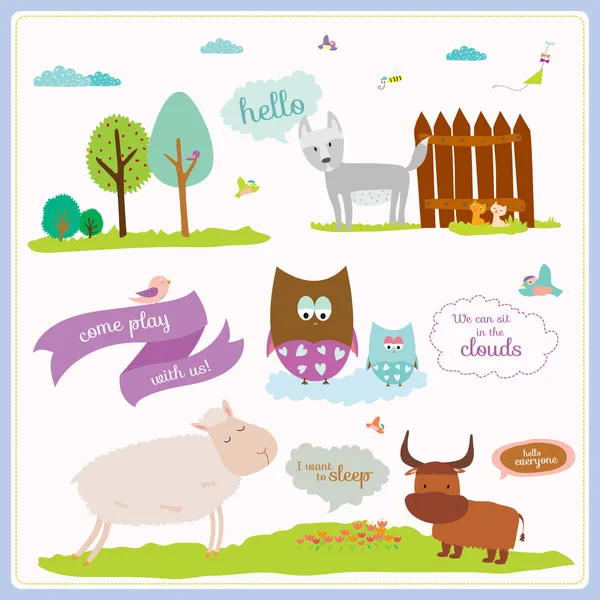 Bright background with nice and funny animals and children — Stock Vector