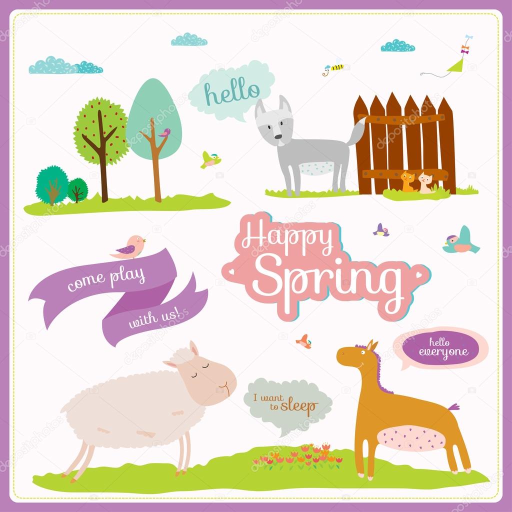 Bright background with nice and funny animals and children