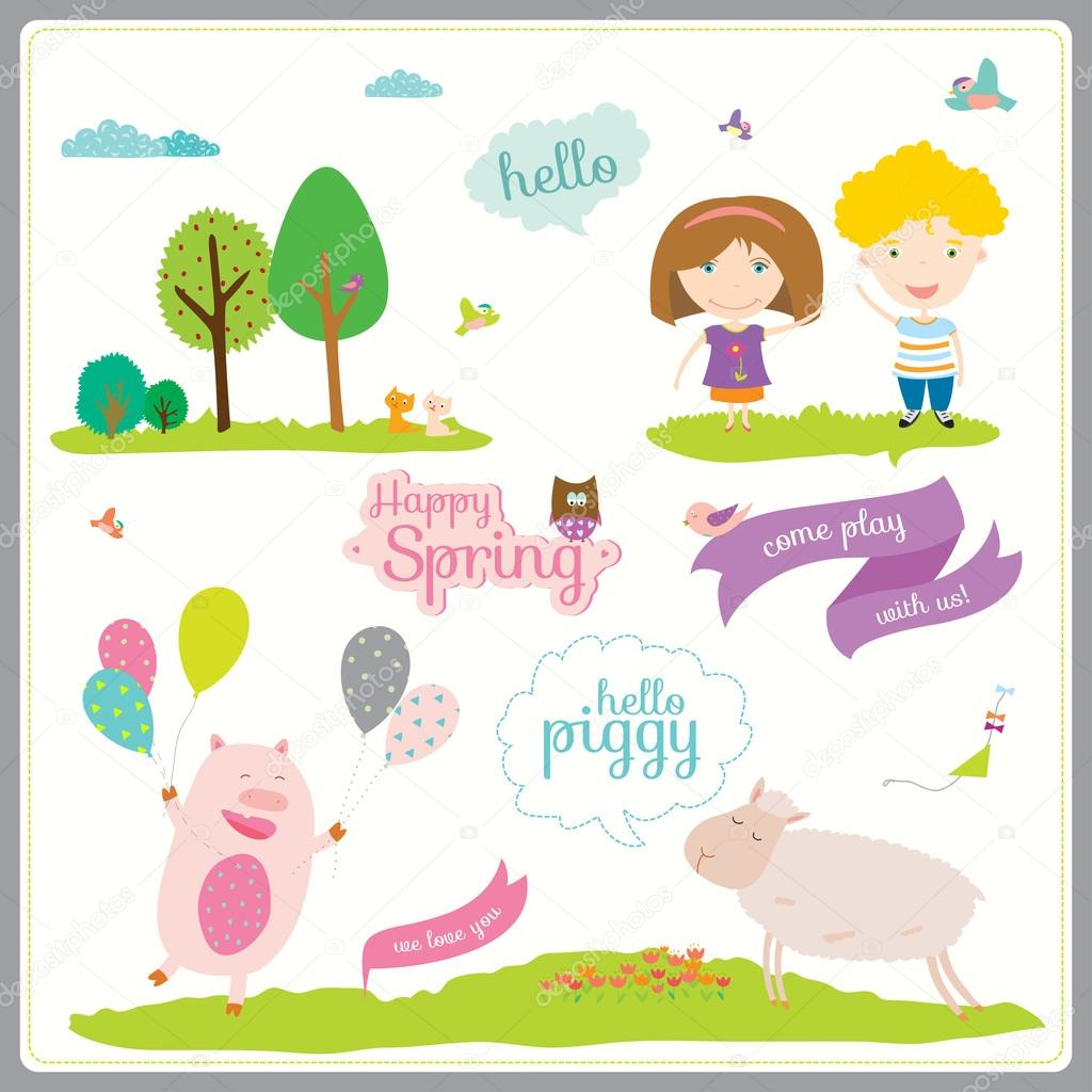 Bright background with nice and funny animals and children