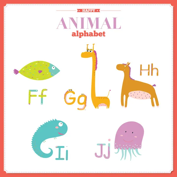 Lustiges und niedliches Zoo-Alphabet. f, g, h, i, j Buchstaben. — Stockvektor