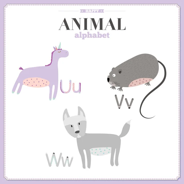 Alfabeto divertido y lindo del zoológico. U, v, w letras — Vector de stock