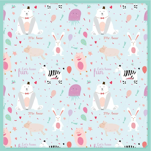Cute childish pattern with cartoon animals, speech bubbles and fireworks — Stock Vector