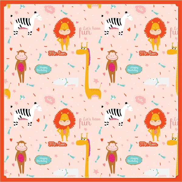 Childish pattern with cartoon animals, speech bubbles and fireworks — Stock Vector