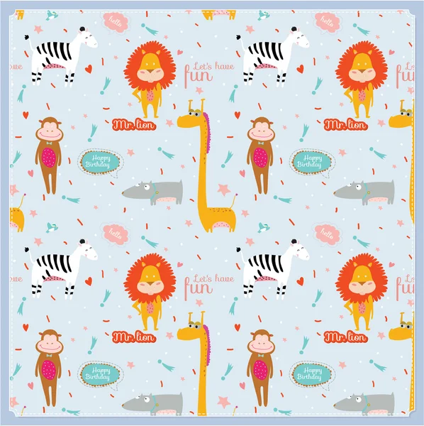 Childish pattern with cartoon animals, speech bubbles and fireworks — Stock Vector