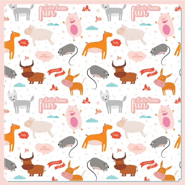 Childish pattern with cartoon animals, speech bubbles and fireworks — Stock Vector