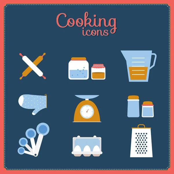 Lindos iconos de alimentos con elementos de cocina de dibujos animados . — Vector de stock