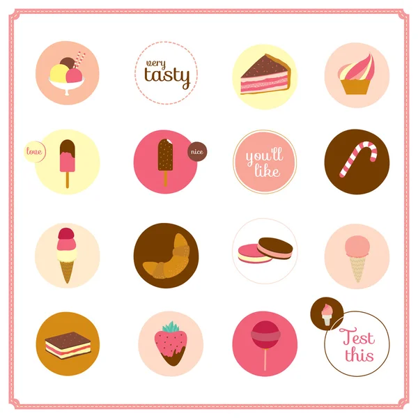 Uppsättning ikoner av söt design dessert ikoner i cirklar — Stock vektor